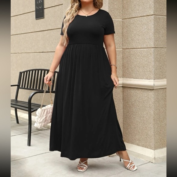 Plus size black comfy high waisted A-line maxi dress - Picture 1 of 16